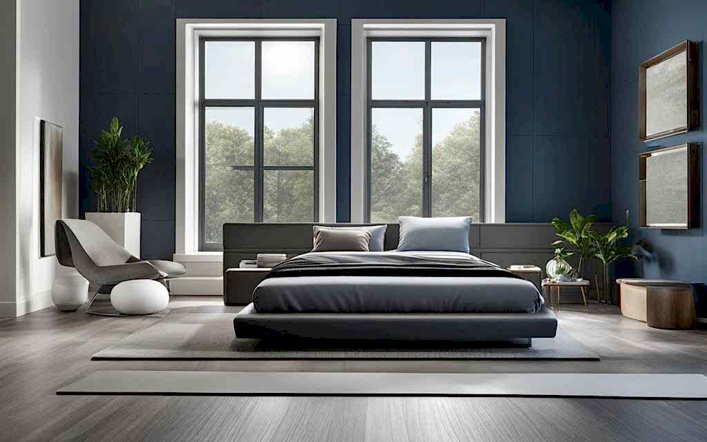 Dormitorio muy amplio con colores grises y azules y Ventanas temropanel altas de fondo