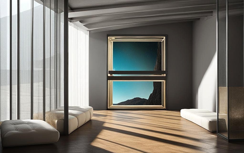Pasillo de casa moderna con cuadro conteptual de fondo. A un costado tiene ventanas hermnéticas de termopanel