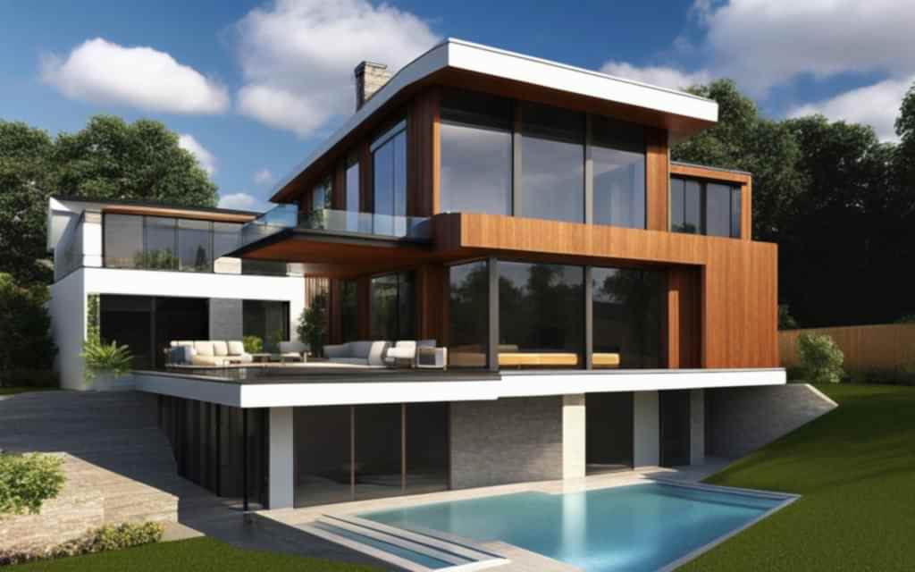 Exterior de casa de dos pisos con piscina y Ventanas Eficientes