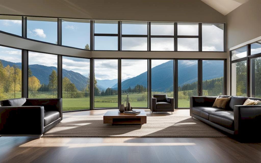 Living de casa lujosa con vista panorámica a través de ventanas de termopanel sin perfiles