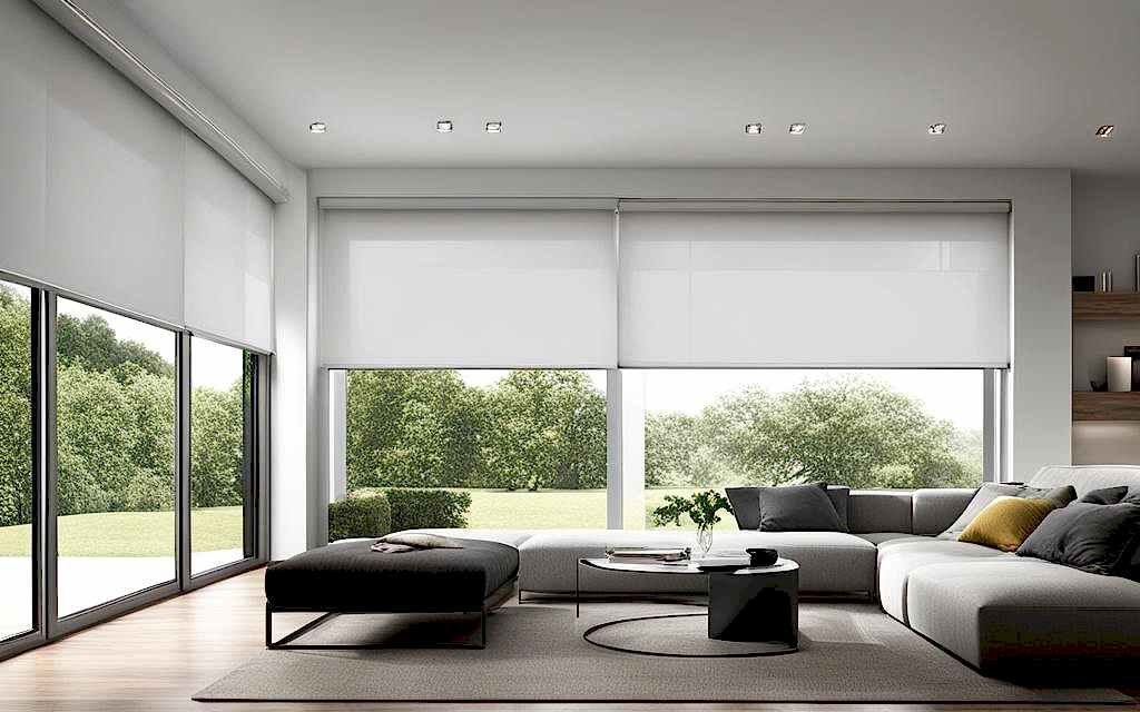 sala de estar de hogar con cortinas roller blancas y ventanas con termopanel de PVC