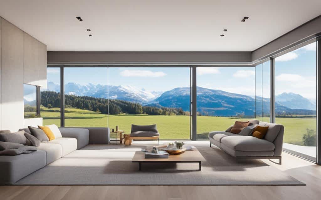 Interior de living de tonos claros con Tecnología Termopanel en sus ventanas que dejar ver el paisaje