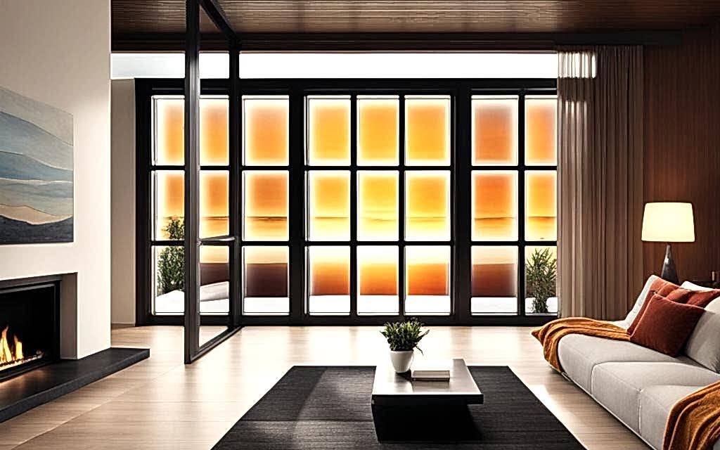 Render a Interior de living con Ventanas Termopanel y atardecer de fondo