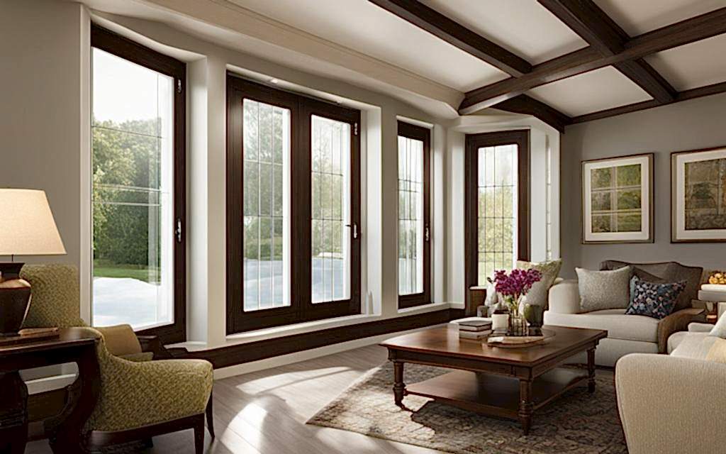 Interior de Living decorado con tonos café y con ventanas de marcos de Madera y termopanel