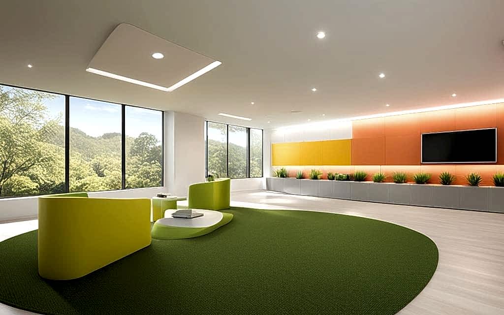 Espacio amplio y contemporaneo con muebels minimalistas, colores puntuales y con luz principal a través de ventanas Termopanel