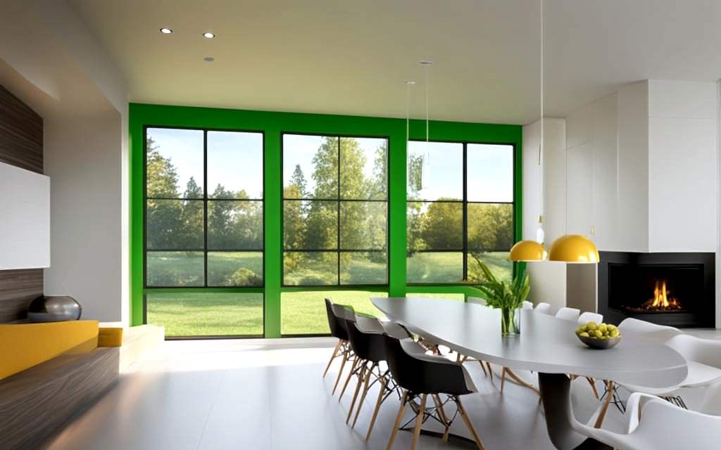 Comedor de hogar contemporáneo con muebles minimalistas, chimenea y ventanas de Termopanel con marcos verde