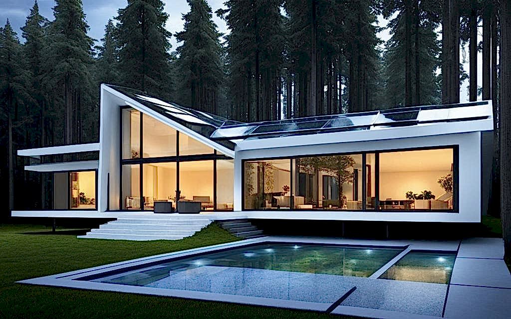 Exterior de Casa Contemporánea con vetanas y techo con vidrio Termopanel