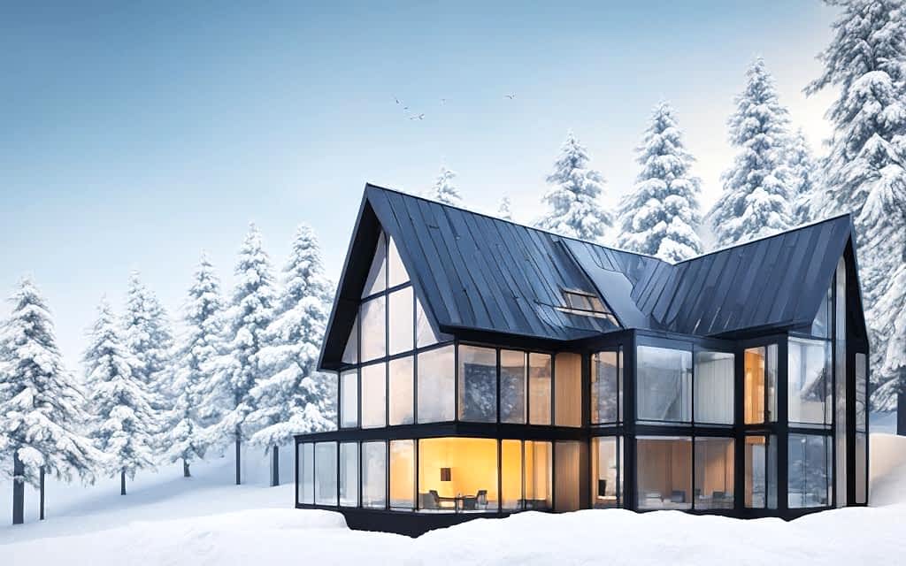 Casa de dos pisos rodeada de nieve, aislada del frío con vidrios de Termopanel